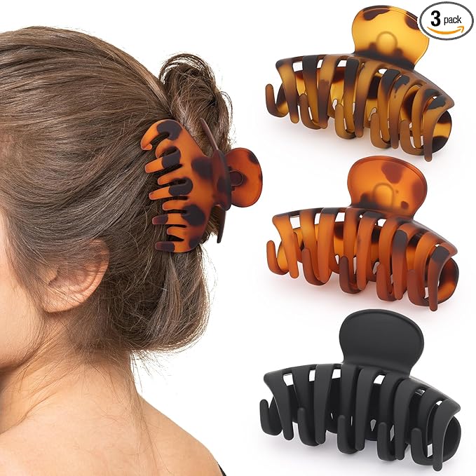 Medium 3.3 Inch Matte Claw Hair Clips for Women and Teens, Hair Claw Clip with Strong Hold for Everyday Styling, Elegant Hair Accessory for All Hair Types, Black and Tortoiseshell, 3 Pack