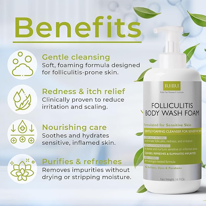 Folliculitis Treatment Folliculitis Body Wash Sensitive Skin | Foaming Cleanser for Redness & Irritation with No Sulfates, Dyes or Parabens | Body Wash Includes Bonus Scrubber Brush