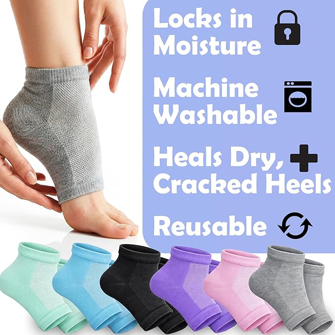 6 Pairs, Moisturizing Socks for Cracked Heel Treatment: Socks for Cracked Heel Repair, Silicone Toeless Socks, Spa Gel Socks for Dry Cracked Feet Women, Lotion Moisture Pedicure Socks