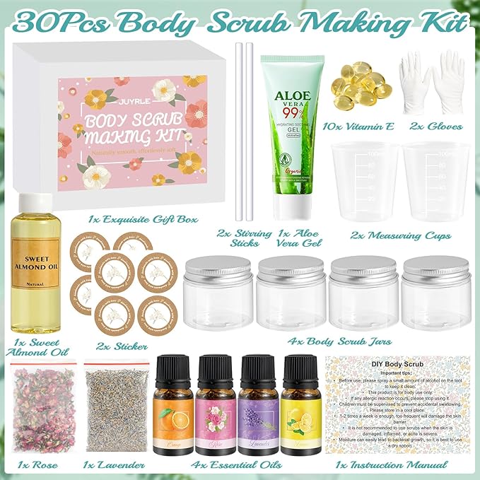 JUYRLE Body Scrub Making Kit- Make Your Own Salt Body Scrub with Almond Oil, Essential Oils, Moisturizing and Exfoliating Dry Skin Hand Foot DIY Organic Body Scrubs Gifts For Women & Men