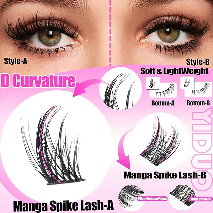 YIDUO Lash Clusters Kit 2 Styles Naturales Spiky Manga Clusters Lashes Extensions with Bottom Eyelash 368pcs 10-18mm Wispy Individual Lashes Kit with Bond and Seal|Tweezers|Removers|Lash Brush
