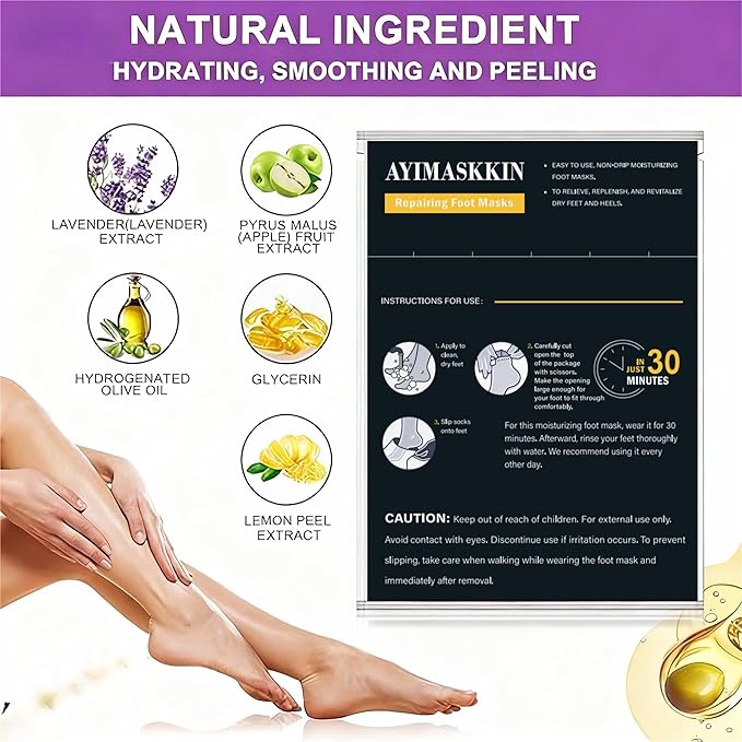 Ayimaskkin Foot Masks for Dry Cracked Feet, Lavender Moisturizing Socks - Intensive Hydrating Foot Care & Cracked Heel Treatment, 5 Pairs