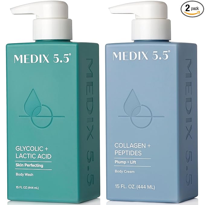 Medix 5.5 Exfoliating AHA Glycolic Acid Face & Body Wash Cleanser + Collagen Moisturizing Body Cream Lotion Skin Care 2PC Set | Alpha Hydroxy Acid & Lactic Acid Foaming Body Wash & Face Wash, 2-PC