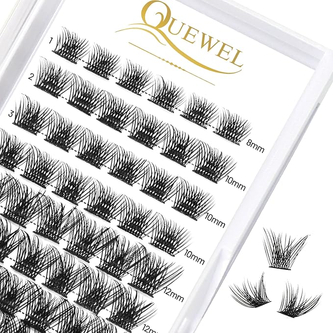 QUEWEL Cluster Lashes 72 Pcs Wide Stem Individual Lashes C/D Curl 8-16mm Length DIY Eyelash Extension False Eyelashes Fluffy Styles Soft for Personal Makeup Use at Home (Fluffy-D-MIX8-16)