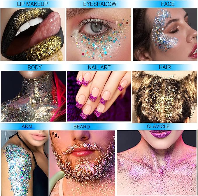 Mermaid Sequins Chunky Glitter Liquid Eyeshadow Glitter Body Gel Festival Glitter Cosmetic Face Hair Nails Makeup Long Lasting Sparkling 30g (#101 Colorful White)
