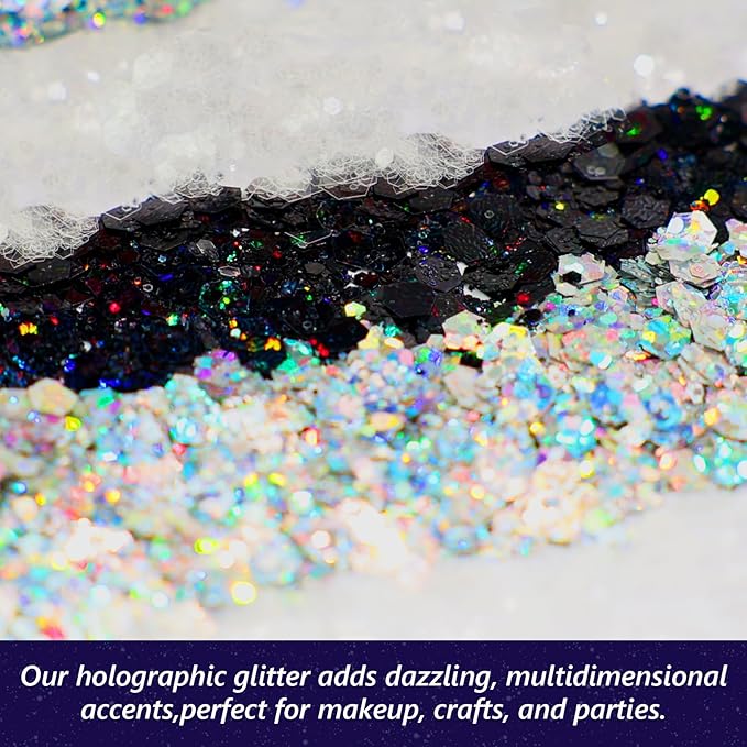 Dmsky Biodegradable Chunky Glitter,90g/3.18oz Craft Glitter for Crafts,Resin,Body,Nail,Face,Hair,DIY Decorations,3 Colors Holographic Glitter,Silver Glitter,White Clear Glitter,Black Glitter