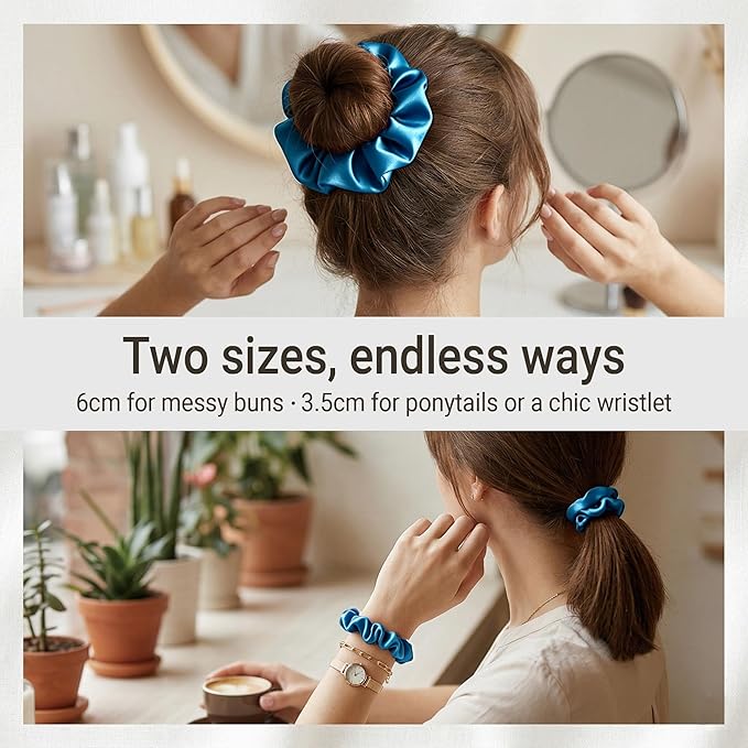 ZLYC 100% Mulberry Silk Scrunchie 19 Momme Gentle Creaseless Hair Tie for Women Dent-Free Ponytail Holder, 3.5cm Solid Peacock Blue