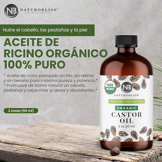 NaturoBliss 100% Pure Organic Castor Oil, Expeller-Pressed, Hexane-Free, Premium Carrier & Beauty Oil for Hair Growth, Eyelashes & Eyebrows, Skin Moisture, with Beauty Starter Kit – 2 oz