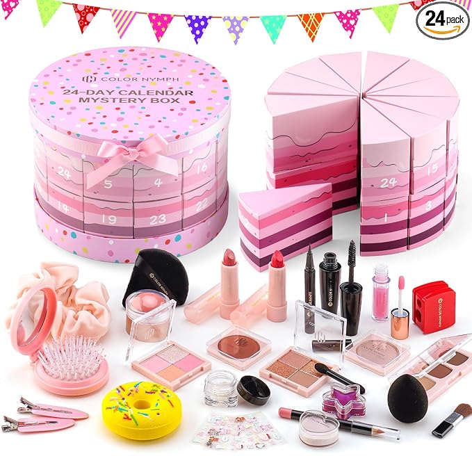 Color Nymph Kids Makeup Kit for Girl - 24 Days Surprise Beauty Mystery Box | Make Up Birthday Gift Set for Girls Ages 6-12, Makeup Gift Sets for Bday Countdown, Cosmetics Kit for Kids Teens #Pink