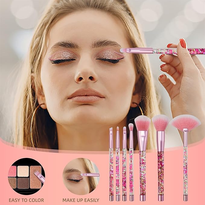 Makeup Brushes Set for Girls, Pink Liquid Flows 7PCS Foundation Fan Powder Blush Lip Eye Shadow Eyebrow Eye Blender Brush Set for Girls Teen Kids as Gift Present