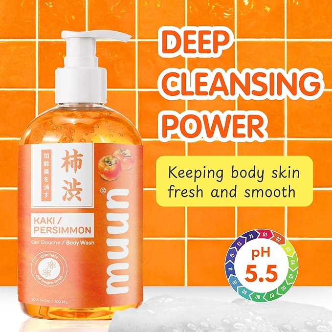 Muun Persimmon Body Wash For Old People Smell, Odor Control - Japanese Purifying Deodorant Soap, Deodorizing Body Wash, Smooth Deeply Cleansing - Body Odor Eliminator