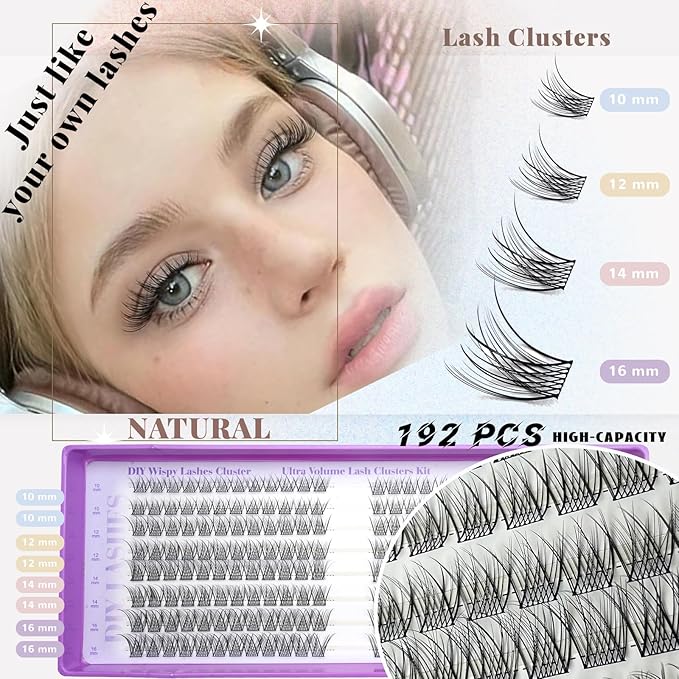 Wispy Lash Clusters Kit, Natural Lash Cluster Eyelash Extensions 192 Pcs C Curl 10-16mm Individual Fluffy False Eyelashes Thin Band DIY Kit for Beginners at Home