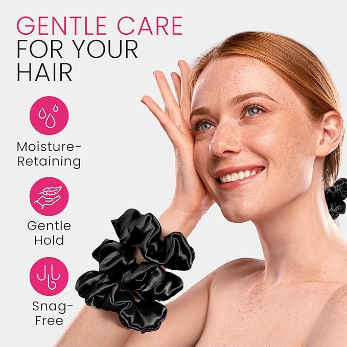 Wycare 100% Silk Scrunchies - Gentle on Hair Mulberry Silk Scrunchies for Women - Luxurious Sleep Ties for Women's Curly Hair (Set of 3 Black)