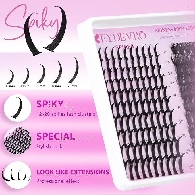 EYDEVRO Lash Clusters with Spikes Wispy Eyelash Clusters Kit 12-20mm Spikes Lash Clusters 10-18mm 80D 100D Volume Cluster Eyelash Extensions Cluster Lashes Kit Individual Lashes Lash Bond and Seal