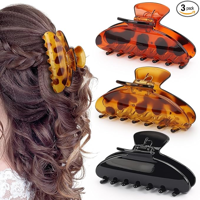 Large 4.3 Inch Glossy Jelly Claw Hair Clips for Women and Teens, Hair Claw with Strong Hold for Everyday Styling, Elegant Hair Accessory for All Hair Types, Tortoiseshell and Black, 3 Pack