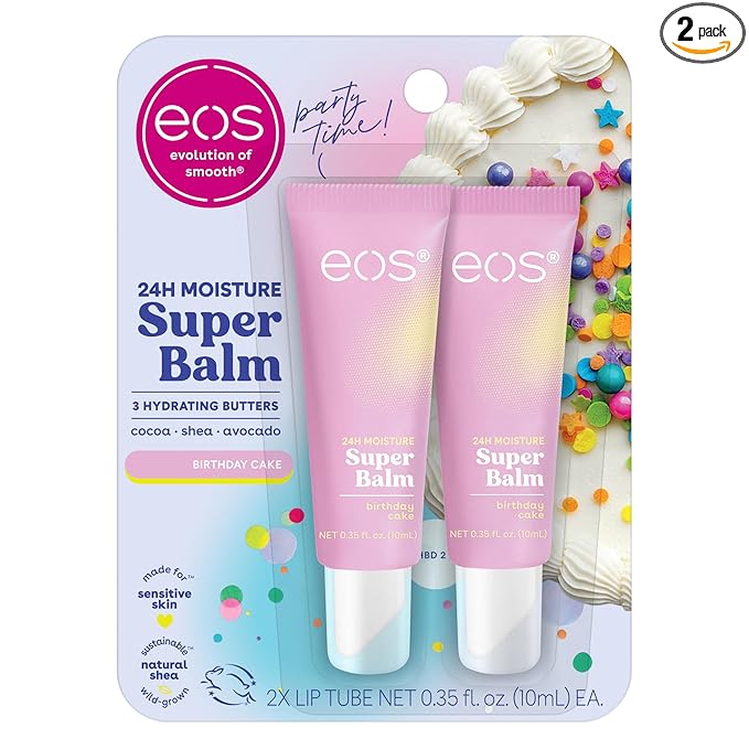 eos 24H Moisture Super Balm - Birthday Cake, Day or Night Lip Treatment, Made for Sensitive Skin, Lip Balms & Moisturizers, 0.35 fl oz, 2-Pack