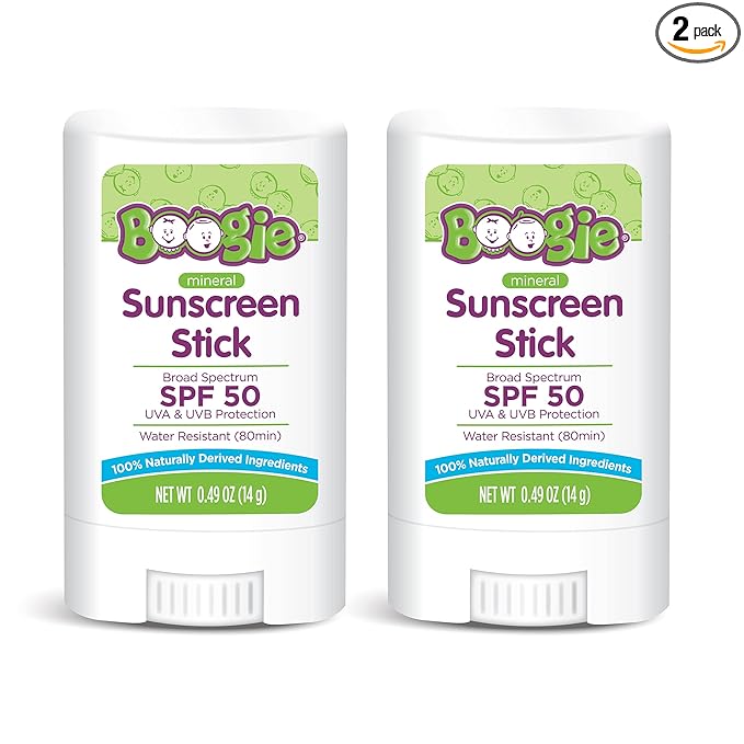 Boogie Mineral Sunscreen Stick SPF 50 - (2 Pack) 0.49 oz - Sunscreen for Kids - Broad Spectrum UVA & UVB Protection - Water Resistant - Hypoallergenic - 100% Naturally Derived Ingredients
