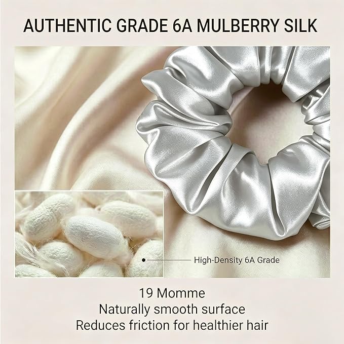 ZLYC 100% Mulberry Silk Hair Tie Scrunchie 19 Momme Gentle Creaseless Dent-Free Ponytail Holder for Women, 6cm Solid Sliver