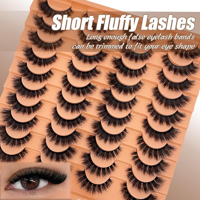 Fluffy Lashes Mink 3D Cat Eye Dramatic Thick Volume EyeLashes Wispy 16mm Full Lash Strips Faux Mink Eye Lashes C Curl Short Cat Eyelahses Pack YH302