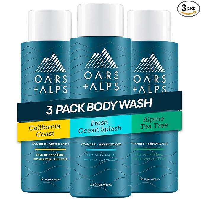 Oars + Alps Body Wash for Men, Mens Body Wash & Face Cleanser with Vitamin E & Antioxidants, Moisturizing, Paraben & Sulfate Free Cleanser, Variety Set, 3pk