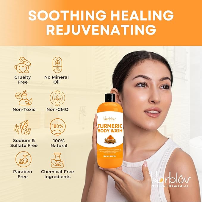 Herblov Turmeric Body Wash – Skin Brightening Liquid Soap for Discoloration – Natural Anti Aging Exfoliating Turmeric Body Wash for Spots, Acne, Sun Damage – Bath Soap Skincare