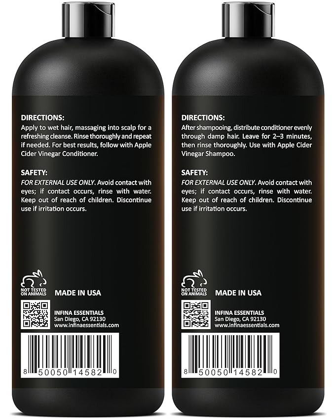 INFINA ESSENTIALS Apple Cider Vinegar Shampoo and Conditioner Set | Clarifying & Detoxifying for Oily Scalp | 16 fl oz Each | with Batana Oil, Biotin & Tea Tree Oil | Men & Women | Made in USA