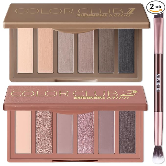 SUSIKEKI 2PCS Neutral Nude Matte Shimmer Eyeshadow Palette - 6 Colors Mini Travel Size, Highly Pigmented Brown & Pink Eye shadow, Long Lasting Vegan Makeup Palette with Brush Set for Daily Use