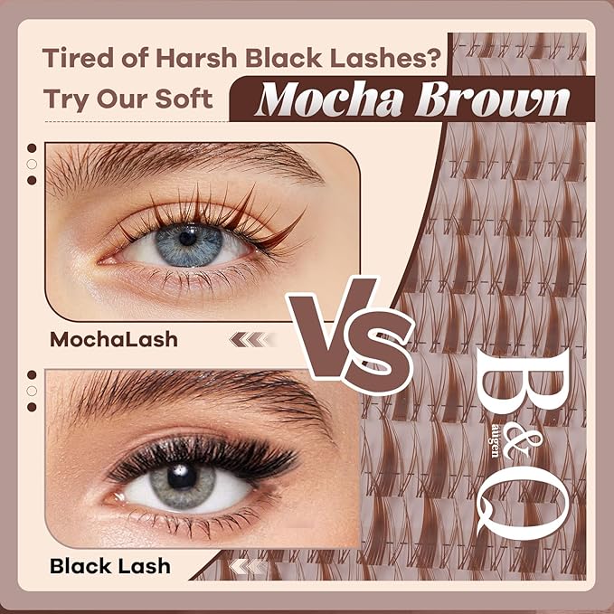 B&Q Brown Fairy Lash Clusters Kit Manga Lashes Clusters, Wispy Light Brown Eyelash Cluster Kit C-Curl 8-16mm DIY Lash Eyelashes for Fair/Dark Hair, Lightweight & Invisible Band(Mochalash Fairy 04 Set)