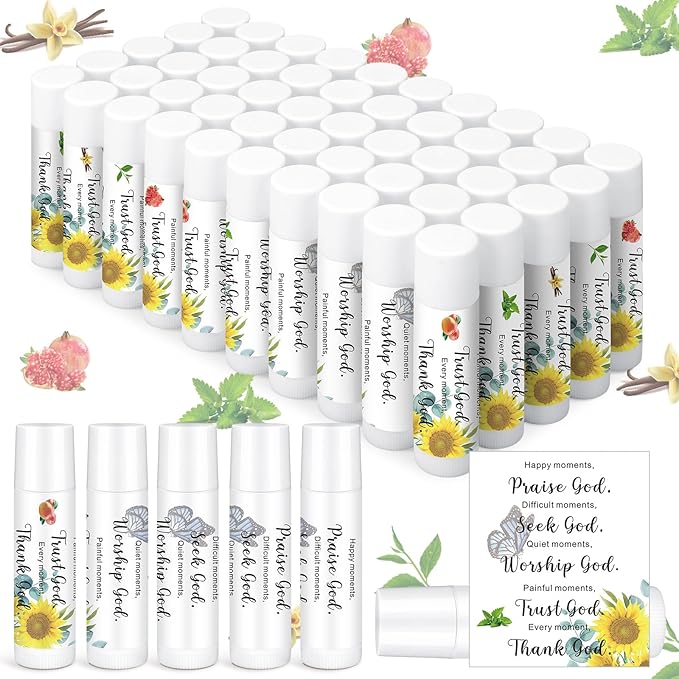 50 Pcs Christian Lip Balm Bulk Bible Verses Lip Balm Scripture Christian Gifts for Women Faith Religious Church Party Favor Inspirational Gift for Mother Teacher Nurse Employee Coworker (Sunflower)
