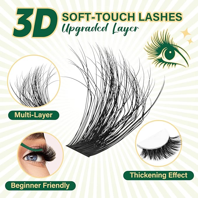 KEYYOU 3D Effect lash Clusters Kit 80D100D 280pcs Eyelash Clusters Kit D Curl Individual Lashes Kit Wispy Lash Extensions Kit with Waterproof Lash Bond and Seal Tweezers (Lash Kit-8-16MIX)
