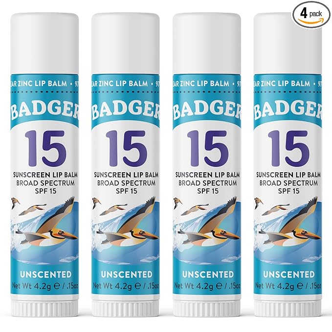 Badger Mineral Sunscreen Lip Balm SPF 15, Reef Safe, Zinc Oxide, Unscented, Travel Size, SPF Lip Balm Sunscreen Stick, .15 oz 4-Pack