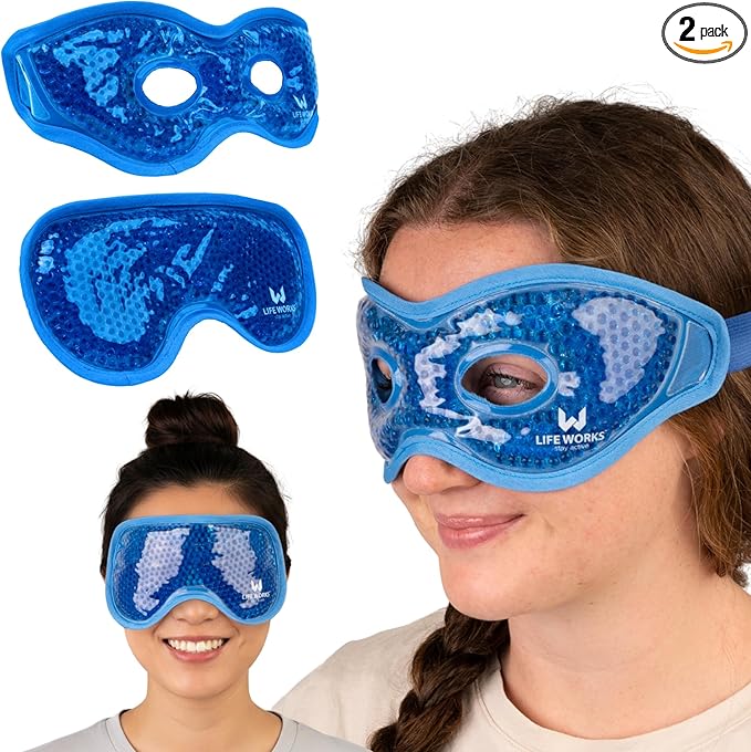 LIFE WORKS 2-Pack Eye Mask Set with Cutout, Hot or Cold Therapy for Puffy Eyes, Dark Circles, Headaches, and Migraines, Soft Gel Beads & Liquid Gel for Cooling or Warming Comfort