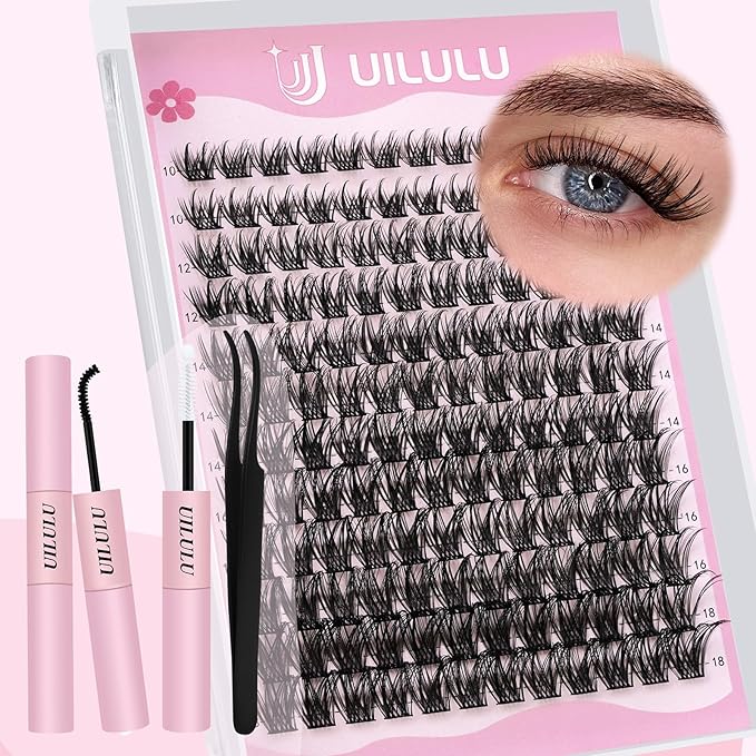 Uilulu Lash Clusters Kit for DIY Lash Extension at Home, False Eyelashes Set with Bond and Seal, Lash Remover, Tweezers, D Curl Wispy Individual Clusters Eye Lash Extensions Kit (U22 Kit)