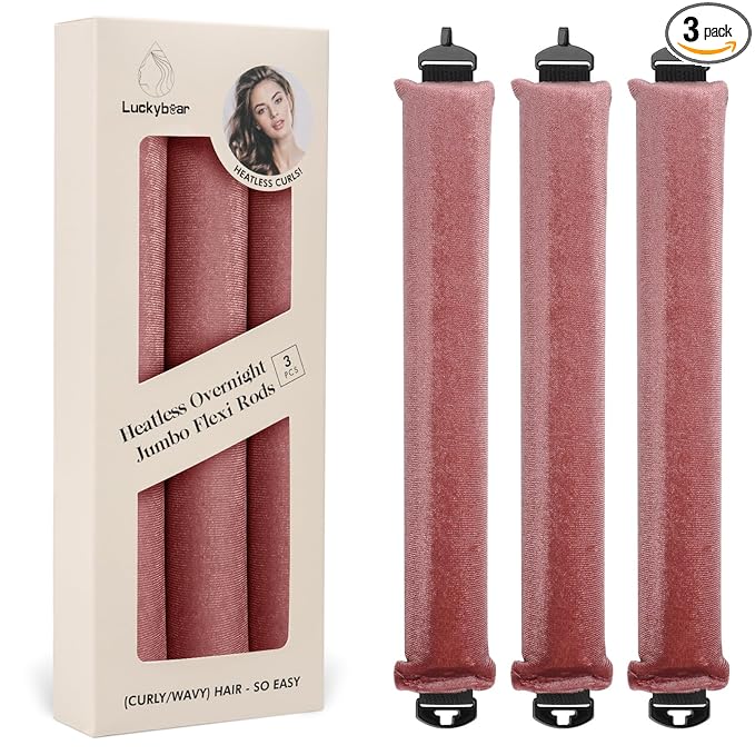 Luckybear Heatless Hair Curlers, 3pcs Satin Jumbo Flexi Rods for All Hair Types, Overnight Sleeping Curls Styling Tools, Dark Pink