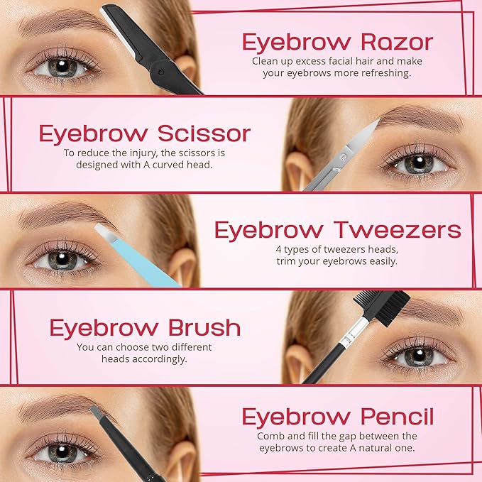 Exquisite 8-in-1 Eyebrow Kit for Women & Men – Luxury Eyebrow Grooming Kit with 4 Precision Tweezers For Eyebrows, Eyebrow Razor, Eyebrow Scissors, Eyebrow Brush/Comb & Pencil with Padded Case
