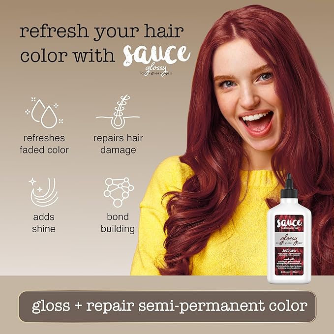 Sauce Beauty Glossy Color + Gloss + Repair, Auburn, Semi Permanent Hair Dye with Bond-Building and Color-Fade Protection Technology, Adds Shine & Deep Moisture, Lasts 4-8 Weeks, Stops Fade