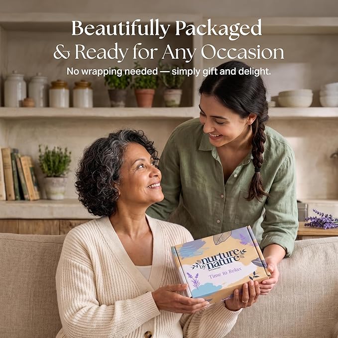 Nurture by Nature Spa Gifts for Women - Mothers Day Gifts for Mom, Self Care Gift Set & Spa Gift Basket for Women, 6 Piece Bath Set with Candle, Bath Bomb, Salts & Pillow Spray - Relaxation Gifts