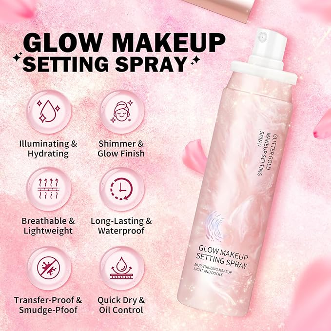 Glow Makeup Setting Spray - Shimmer Dewy Setting Spray for Makeup Long-Lasting, Ultra-fine Lightweight Setting Mist, Hydrating Finish Illuminating Finishing Mist, 4 Fl Oz