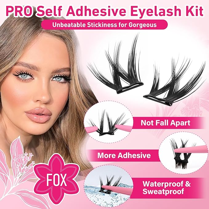 PROLASHBEAUTY Self Adhesive Eyelashes Fox Lash Clusters Self Adhesive Lashes No Glue Needed Lashes 10-16MM Pre Glued Eyelashes Clusters with Anti-Stick Tweezer(Fox,10-16mix)