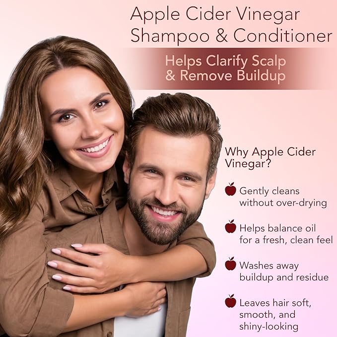 PURA D'OR Apple Cider Vinegar Thin2Thick Set (16oz x 2) ACV Shampoo & Conditioner, Clarifying - Biotin, Keratin, Caffeine, Castor Oil, Aloe - All Hair Types, Men & Women (Packaging may vary)
