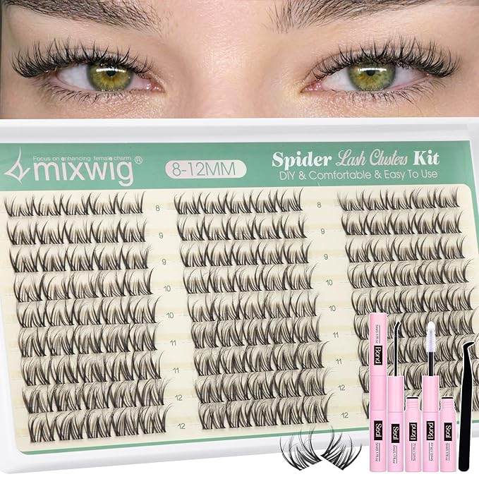 Spider Lash Clusters Kit 8-12MM Short Lash Extension Kit Breeze Wispy Eyelash Clusters Natural Clusters Eyelash Extensions CC Curly Invisible Band Individual Lashes for Clean Girl Makeup by Lvmixwig