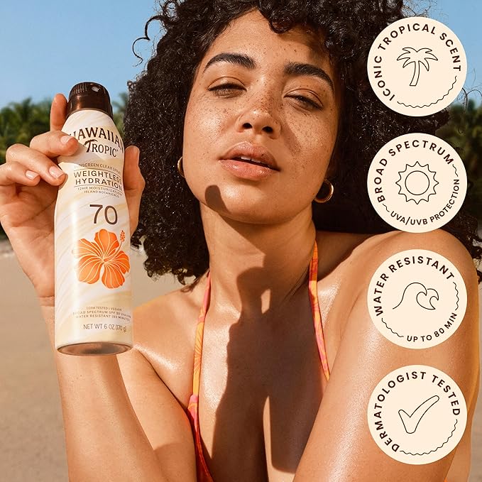 Hawaiian Tropic Weightless Hydration Sunscreen Spray SPF 70, 6oz | High SPF Sunblock, Oxybenzone Free, Hawaiian Tropic Spray Sunscreen, 6oz