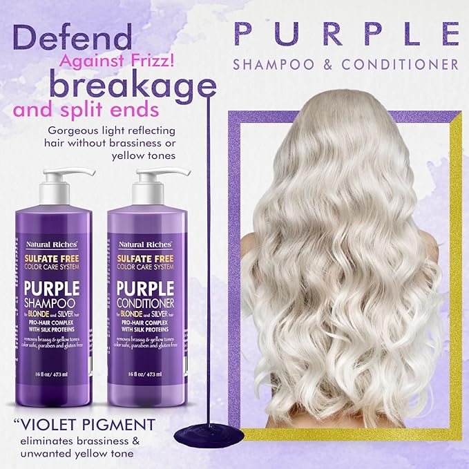 Natural Riches Purple Shampoo and Conditioner Set for Blonde, Silver & Gray Hair – Sulfate-Free, Color-Safe, Removes Brassy & Yellow Tones for Natural, Highlighted, and Bleached Hair – 16x2 fl oz