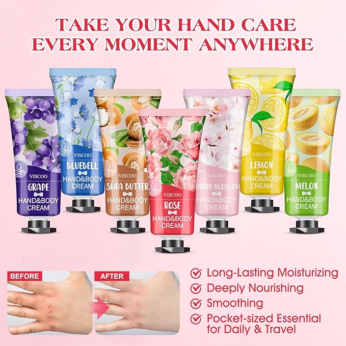 VISCOO 7 Pack Hand Cream Gifts Set for Women, Teacher Appreciation Gift / Graduation Gifts, Moisturizing Mini Hand Lotion Travel Size for Dry Cracked Hands, Birthday Gift