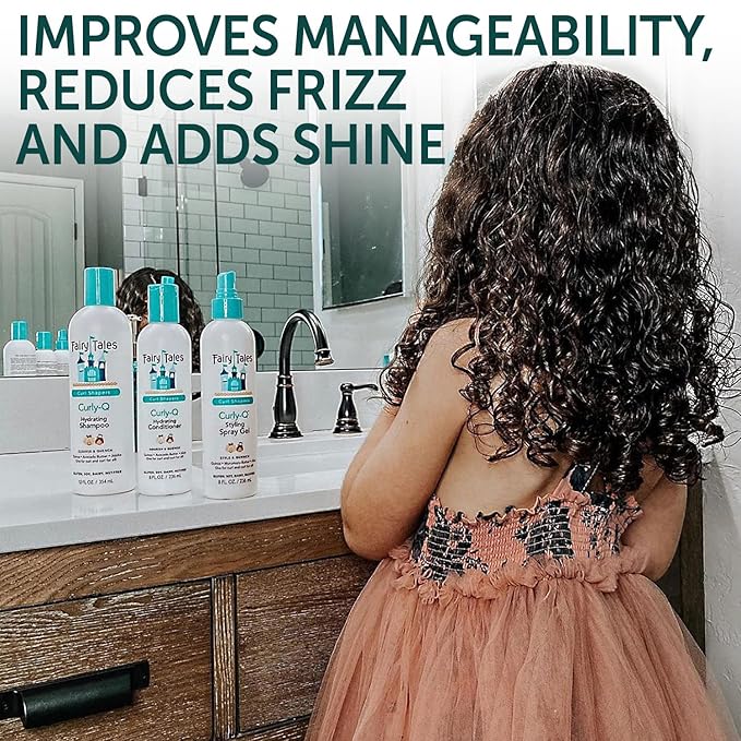 Fairy Tales Curly Q Hydrating Kids Shampoo 12oz, Conditioner 8oz, and Styling Spray Gel 8oz - Paraben, Sulfate, Gluten, and Nut Free - For All Curl Types Including Multi Cultural Hair (3 Pack)