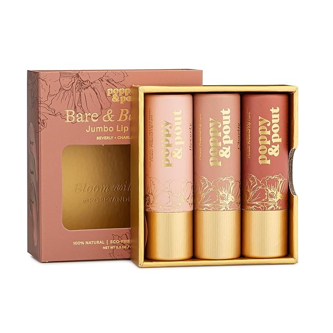 Poppy & Pout All Natural Lip Tints, Sustainable Cardboard Tubes, Hand-filled, Beeswax, Vitamin E, Coconut Oil, Cruelty Free (Bare & Beautiful Trio)