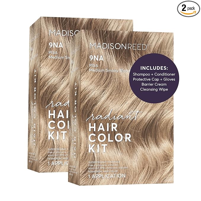 Madison Reed Radiant Hair Color Kit - 9NA Medium Cool Blonde with Ash Undertones (Pisa Blonde), Dimensional Gray Hair Blending Permanent Hair Dye, PPD-Free & Ammonia-Free, 2 Pack