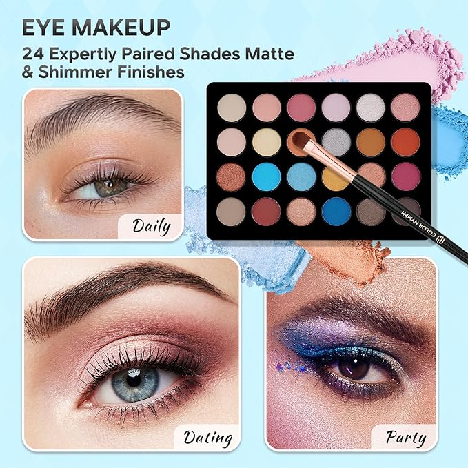 Color Nymph Beginner Makeup Kit For Teens With The Small Cosmetic Train Case Included 24-Colors Eyeshadow Palette Blushes Bronzer Highlighter Lipstick Brushes Mirror(Silver)