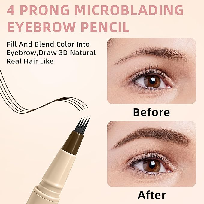Eyebrow Pen Makeup Kit, Waterproof 4-Tip Microblading Eyebrow Pencil & Eyebrow Pomade, Dual-Ended Brush, Long-Lasting Smudge-Proof Brow Kit for Natural Wild Brows, Dark Brown