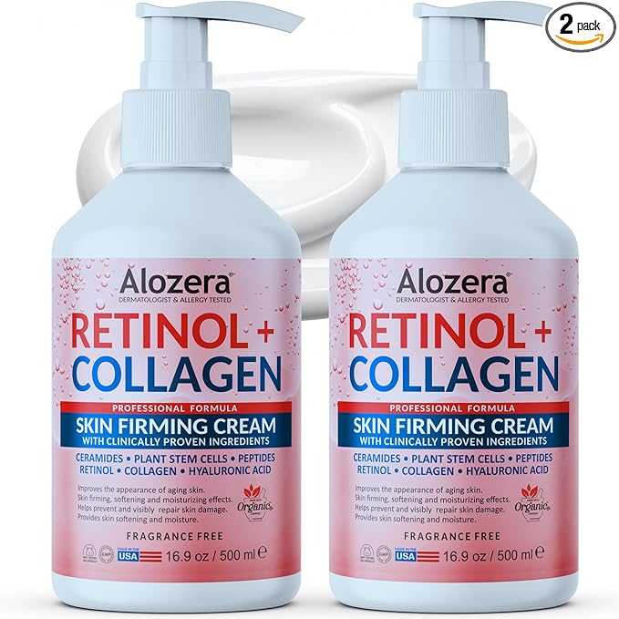 Alozera Firming Body Lotion, Retinol & Collagen Anti-Aging Body Moisturizer, Lightweight & Fast Absorbing Lotion for Crepey Skin, Improves Skin Elasticity, No Added Fragrance, 16.9 oz (Pack of 2)